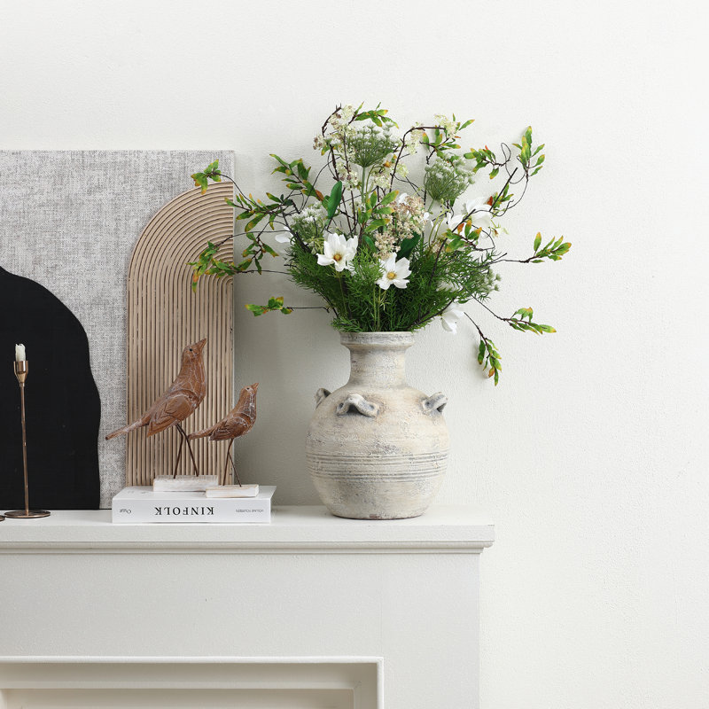 Vase rustique en terre cuite texturée avec quatre poignées, H 12,4 po x l 10,24 po x P 10,24 po