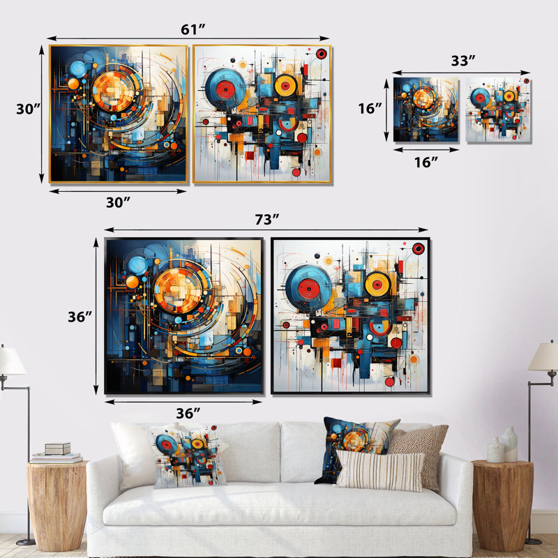 Minimalisme jaune et bleu formes élégantes I - formes abstraites d'art moderne sur toile, ensemble de 2, Toile tendue