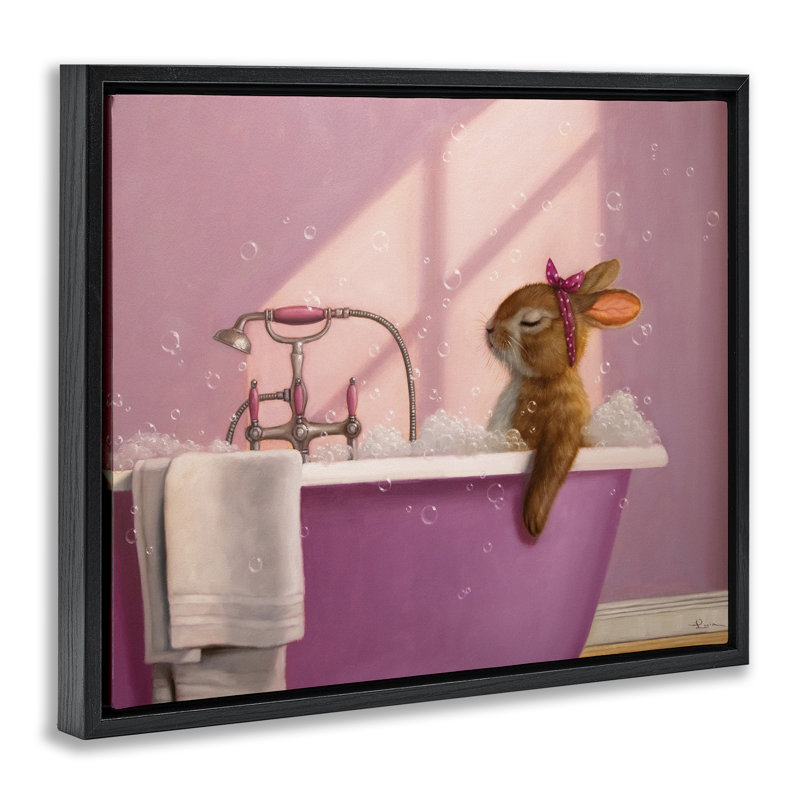 Lapin dans un cadre flottant de bain rose relaxant, design par Lucia Heffernan, H 25 po x l 31 po