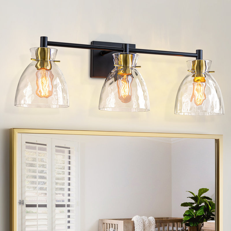 Éclairage pour salle de bain 3 lumières avec abat-jour en verre martelé, Noir mat / Or