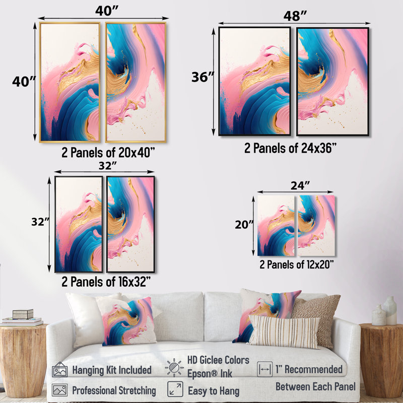 Vagues roses et dorées - art mural moderne 2 pièces, H 40 po x l 40 po, Impression encadrée flottante, Blanc