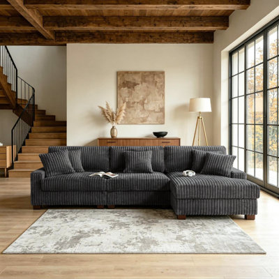 3 - Piece Upholstered Gray Faux Rabbit Fur Flannel Modular Sectional Sofa with Armrests & Throw Pillows