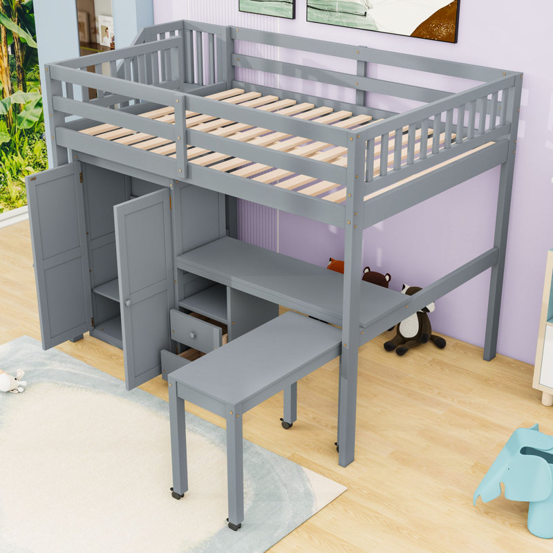 Wooden Loft Bed With Built-In-Desk And Stairs, Gray, Full