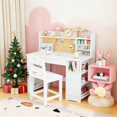 Kids Study Desk & Chair Set with Storage, Tiltable Wooden Desk with Hutch for Ages 3-8