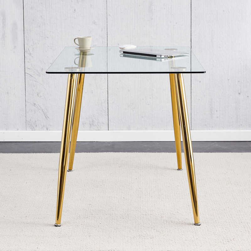 Table de salle à manger rectangulaire de 130 cm en verre trempé transparent, bureau moderne avec pieds en métal plaqué or pour 4 à 6 personnes, or et transparent