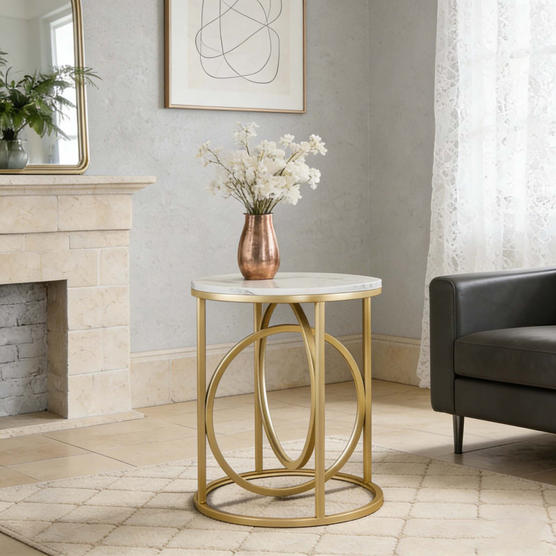 Table de bout ronde moderne avec plateau en faux marbre, Blanc et or