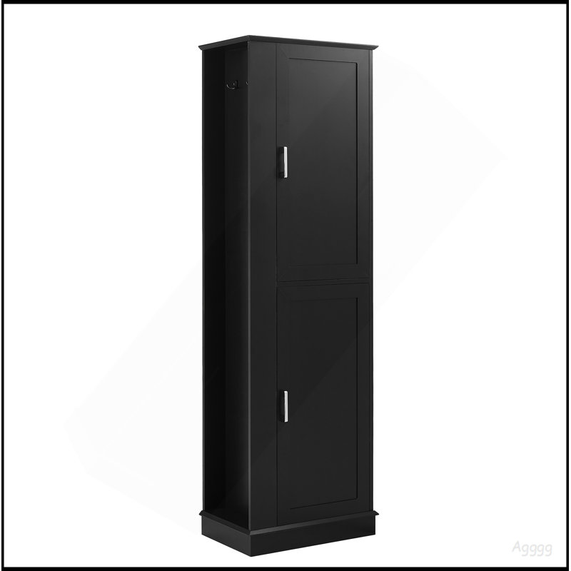 Grande armoire de rangement pour salle de bain, armoire de rangement autoportante avec crochet et tablette réglable, panneau de fibres à densité moyenne, noir