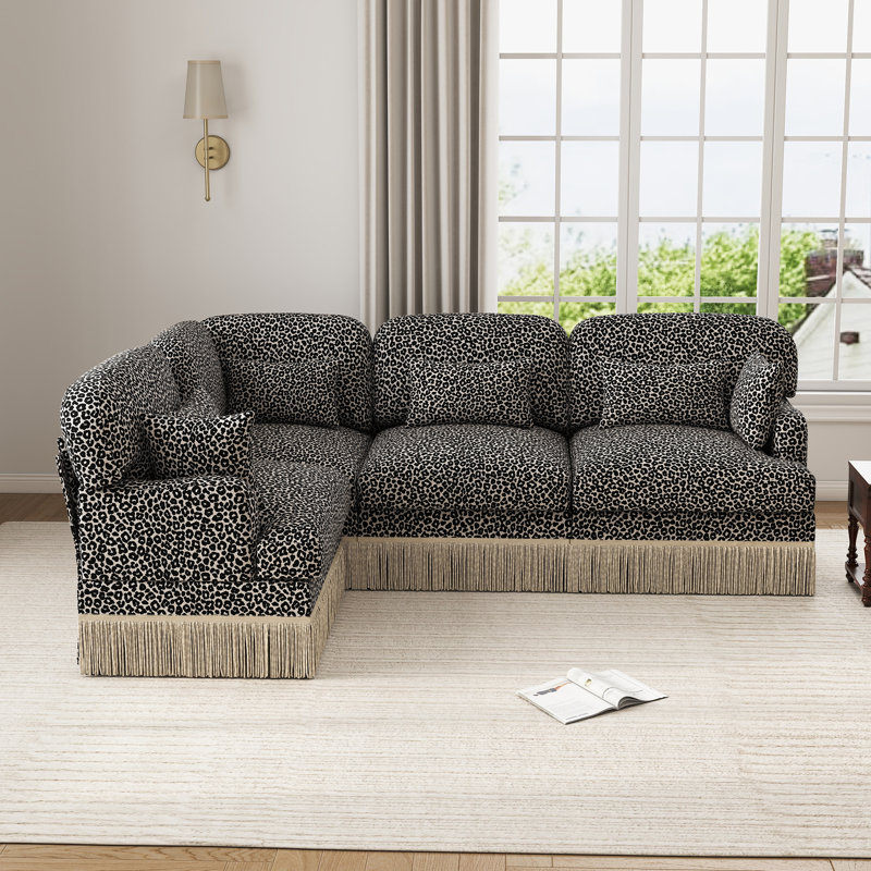 Canapé modulaire en L en chenille à imprimé léopard avec coussins et jupe à pampille, Imprimé léopard kaki noir