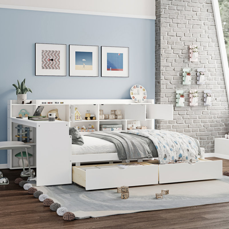 Space-Saving Wooden L-Shape Daybed With Seven Storage Cabinets & Two Drawers - Multi-Functional Bed With Study Desk And Built-In Bookshelf