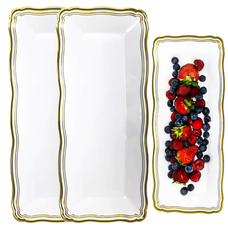 Disposable Aristocrat Collection Narrow Serving Trays 13.75 inches x 6 inches, White/Gold