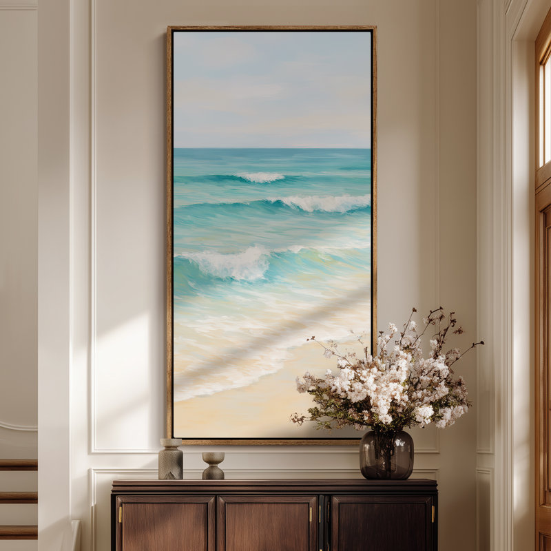 Grande toile murale encadrée turquoise, plage paisible et vague océanique pour impressions côtières ou de salle de bain - 60 po x 30 po
