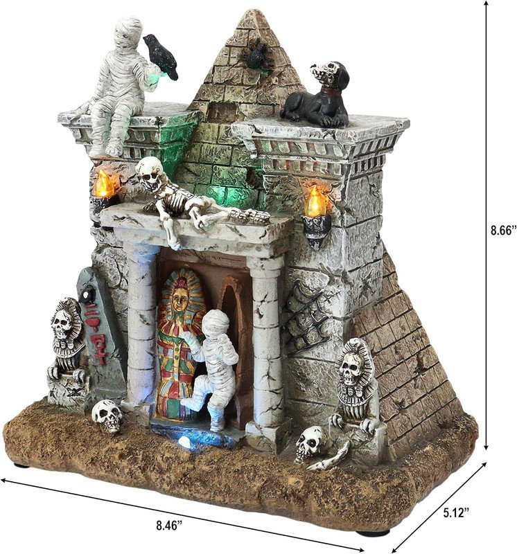 Pyramide momie d'Halloween de 22 cm de hauteur - Lumières DEL, musique, piles - Résine peinte à la main