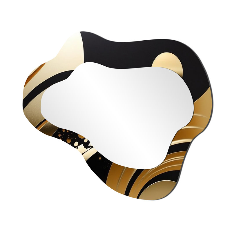 Verdale Golden Circular Universe IV - Geometric Cloud Unique Mirror, Black Asymmetrical Large Wall Mirror, Printed Metal Art