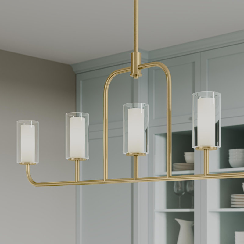 Lustre linéaire à cinq lumières avec abat-jour en verre Mack, Or brossé