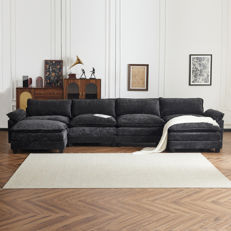 Canapé modulaire 4 places avec 2 repose-pieds Latitude Run®, Chenille noir