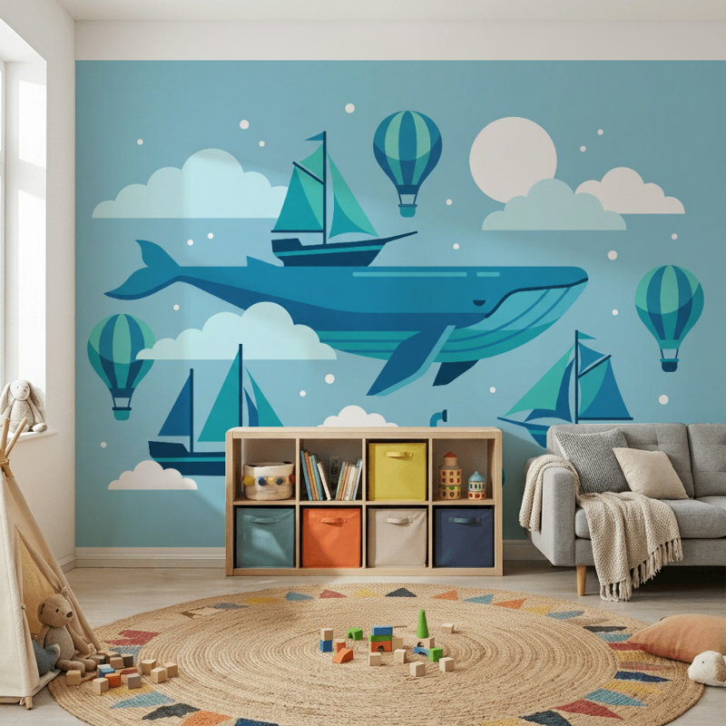 Murale baleine avec voiliers, Texturé non collé, 100 po x 96 po