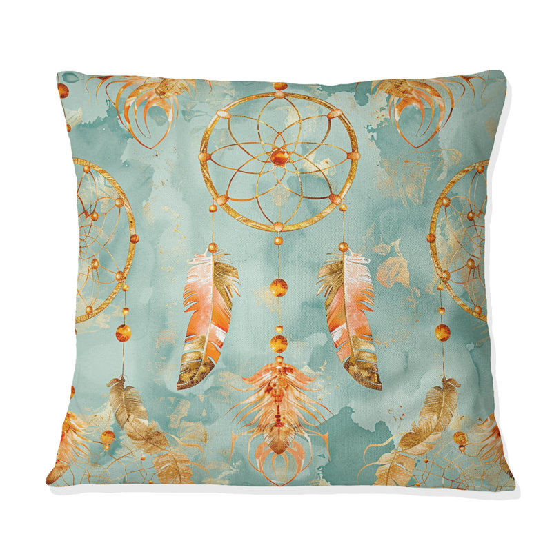 Coussin boho brun et turquoise Dreamcatcher IV - Boho, H 16 po x l 16 po, Carrée