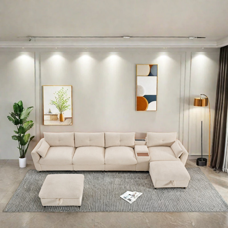 Canapé modulaire avec chargeur USB, porte-gobelets, repose-pieds mobile et console fonctionnelle, siège très large, rangement et détails de designer pour le salon, la chambre à coucher ou le bureau