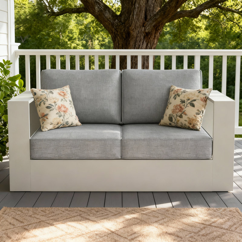 Modern Outdoor Aluminum 2-seater Loveseat With Cushions, Gray Cushion/White Frame