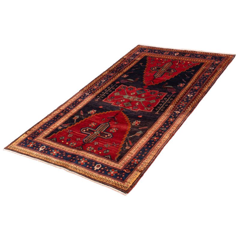 Tapis unique bleu marine / rouge des années 1990 de 5 pi 1 po x 9 pi Kula