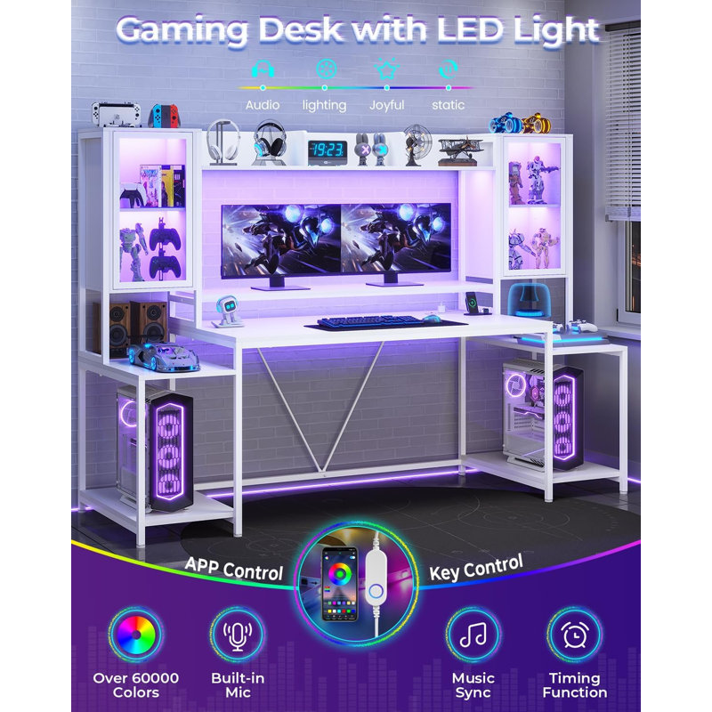 Gaming Desk 74.8'' With Led Lights, Hutch And Storage Shelves, Computer Desk With Monitor Stand, Large Pc Gamer Desk Workstation, Ergonomic Gaming Table For Bedroom, Living Room