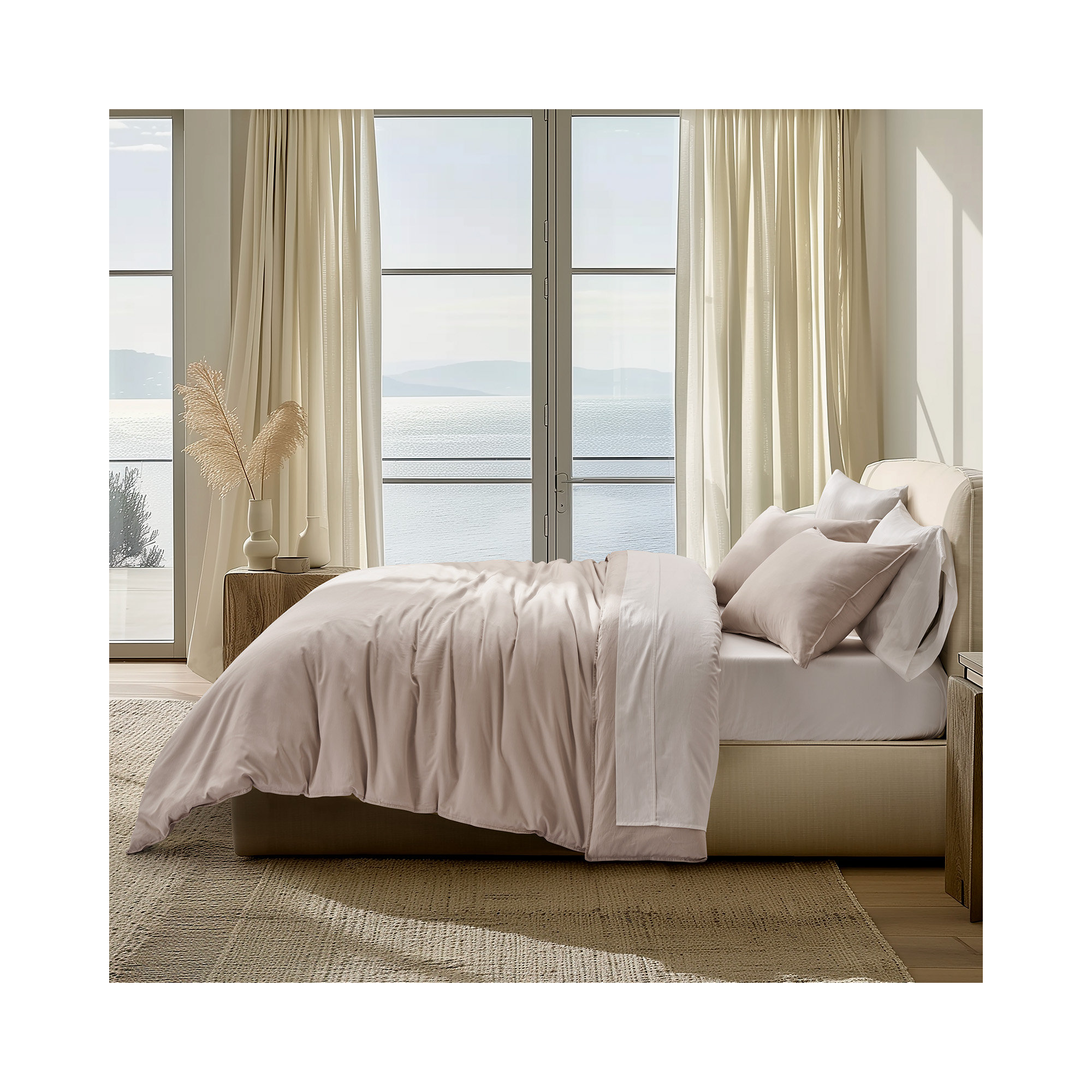 Cotton Tencel Duvet Cover Set, Queen Duvet Cover + 2 Queen Shams, Beige Sand