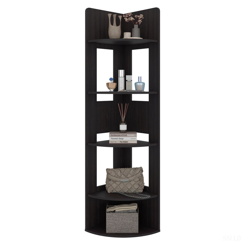 Bibliothèque d'angle étagère haute étagère de rangement étagée wengé, H 66,9 po x l 15,7 po x P 15,7 po