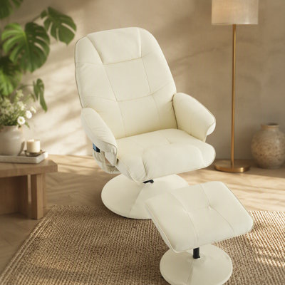 Fauteuil de massage inclinable avec repose-pieds, fauteuil de bureau pivotant à 360° avec siège chauffant et dossier réglable, PU, ​​beige