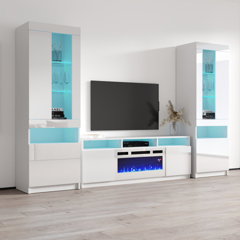 Azniv 110.2" Modern Entertainment Center with Electric Fireplace, High Gloss Finish, Media Storage, White