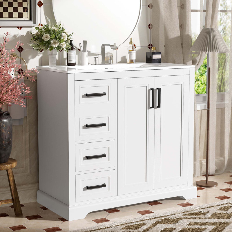 Meuble-lavabo moderne de 36 po avec lavabo en céramique, porte à fermeture en douceur, tablette réglable et 3 tiroirs, rangement spacieux, conception élégante pour les salles de bain de taille moyenne à petite