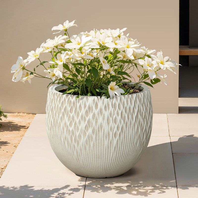 Pots de fleurs ronds texturés 14,2 po, grand blanc cassé avec trou de drainage