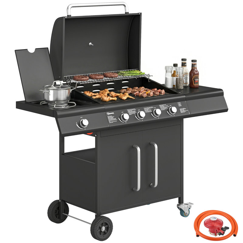Outsunny 4 - Burner Freestanding, Portable 51800 BTU BTU Gas Grill with Side Burner and Cabinet