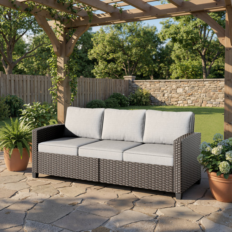 Outdoor Loveseat Chair For 3-Person, Wicker Sectional Patio Sofa With Comfy Cushions For Yard, Garden, Pool, Light Gray