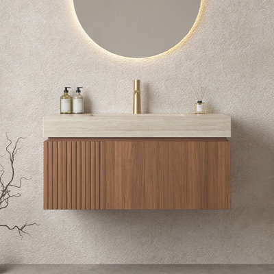 36" Bathroom Vanity with Sink, Floating Wall-Mounted Plywood Bathroom Storage Cabinet with Drawer and Door,Brown Oak Woodgrain
