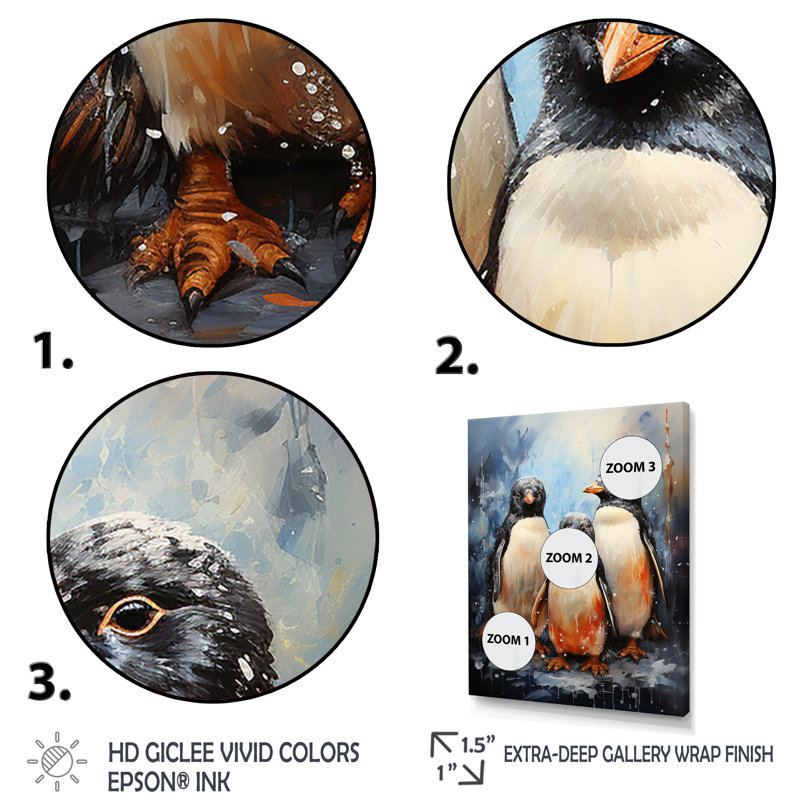 «Winter Feathers Penguin Family» - Art mural pingouin, H 32 po x l 24 po x P 1 po, Toile tendue