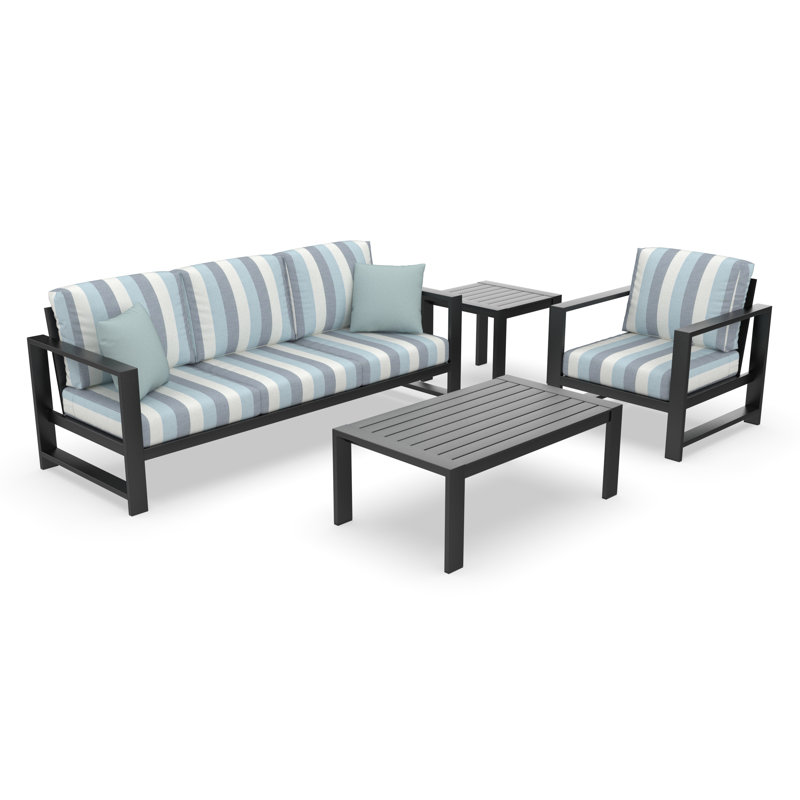 Reva 4-Person Seating Set With Sunbrella® Cushions, White/Blue/Gray