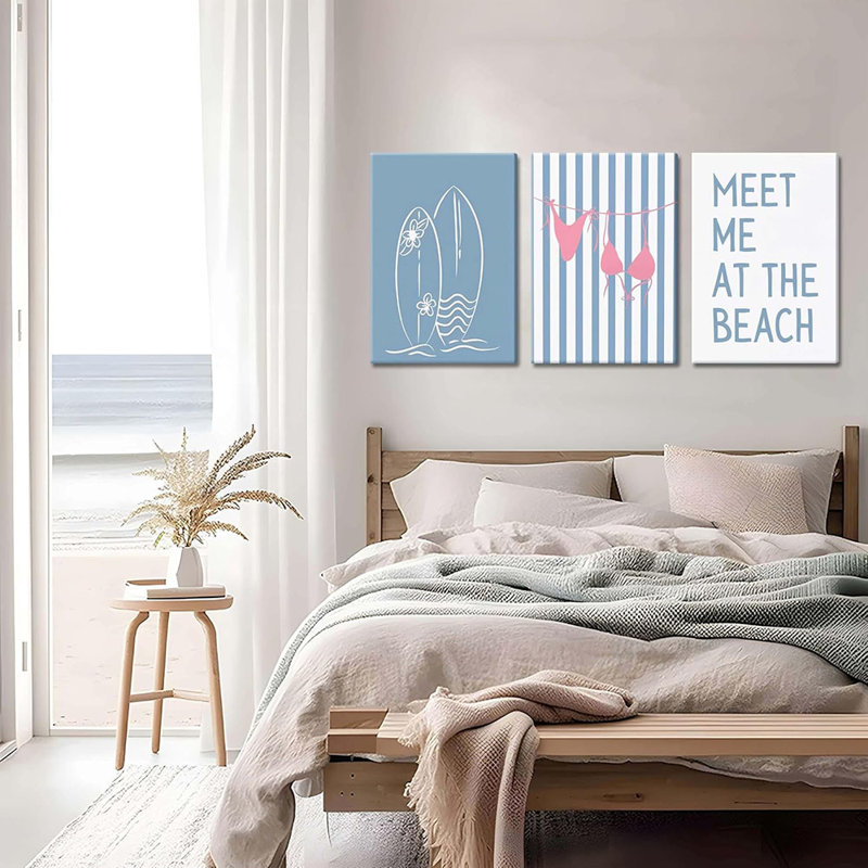 Trendy Coastal Beach Canvas Wall Art Set Of 3, Blue Preppy Bikini Surfing Wall Decor Paintings, Summer Shells Meet Me At The Beach Posters Prints Pictures For Dorm Bathroom Framed