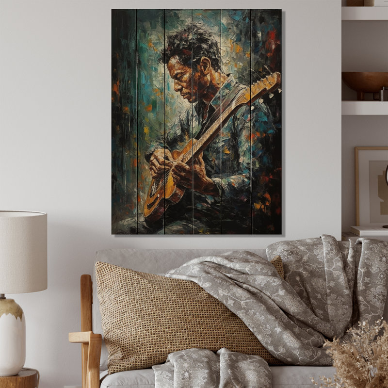 Musicien jouant de la guitare II sur bois, H 20 po x l 10 po x P 0,78 po
