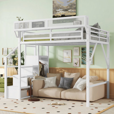 Loft Bed With Stairs, Metal Loft Bed With Storage Shelves, High Loft Bed With Wardrobe