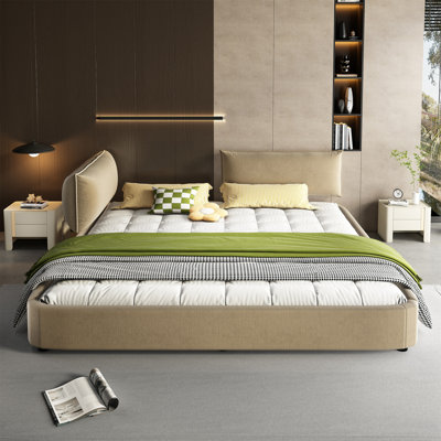 King Size Cloud Bed Frame With Oversized Padded Movable Headboard, Upholstered Bed With Round Corner