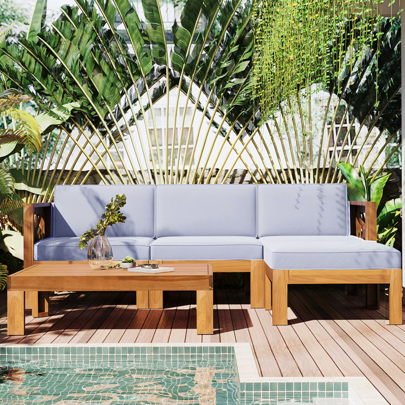Ensemble de conversation modulaire d'extérieur en bois pour patio 5 pièces avec coussins, finition naturelle et coussins gris