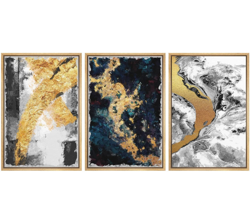 «Black and Gold Swirling Ink Collage Abstract Patterns Modern Art Mid-Century Modern on Canvas», reproduction de 3 pièces