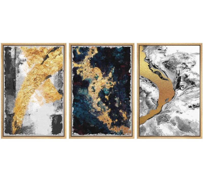 «Black and Gold Swirling Ink Collage Abstract Patterns Modern Art Mid-Century Modern on Canvas», reproduction de 3 pièces