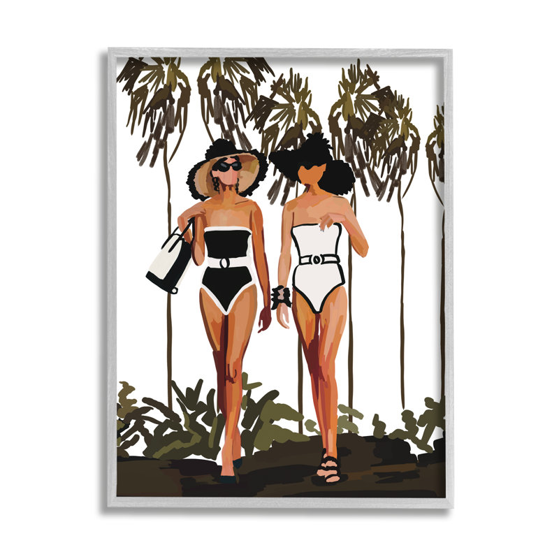 «Beach Babes Strolling Tropical Summer Beach Adventure» par Amelia Noyes - peinture à cadre flottant sur bois