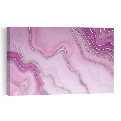 Impression d'art mural abstraite et élégante représentant un paysage naturel en agate rose, violette et dorée.