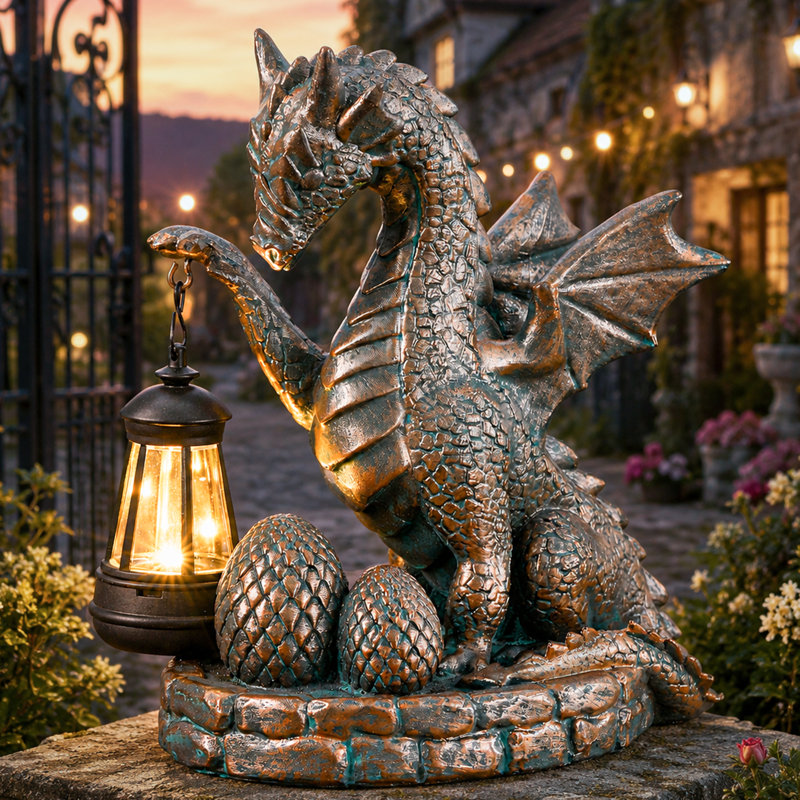 Solar Powered Dragon with Hanging Lantern Garden Statue