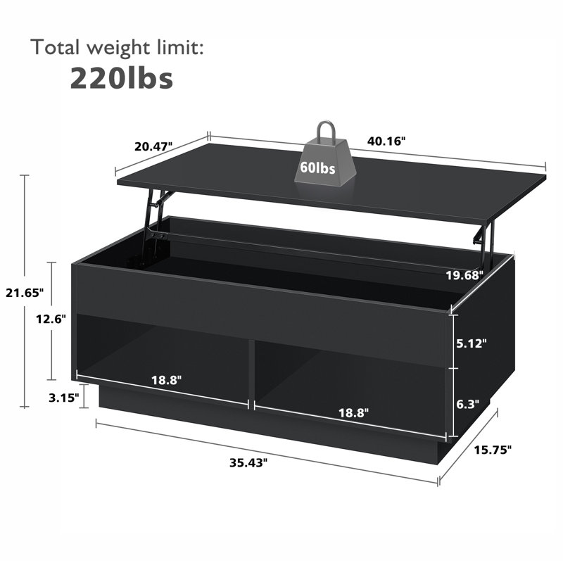 Table basse à plateau relevable Chappa avec bande lumineuse à DEL RVB, compartiment caché et tablette ouverte, Noir