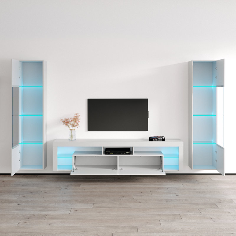 Meuble audio-vidéo moderne 110,3 po avec éclairage à DEL 16 couleurs Chaquitta, Blanc