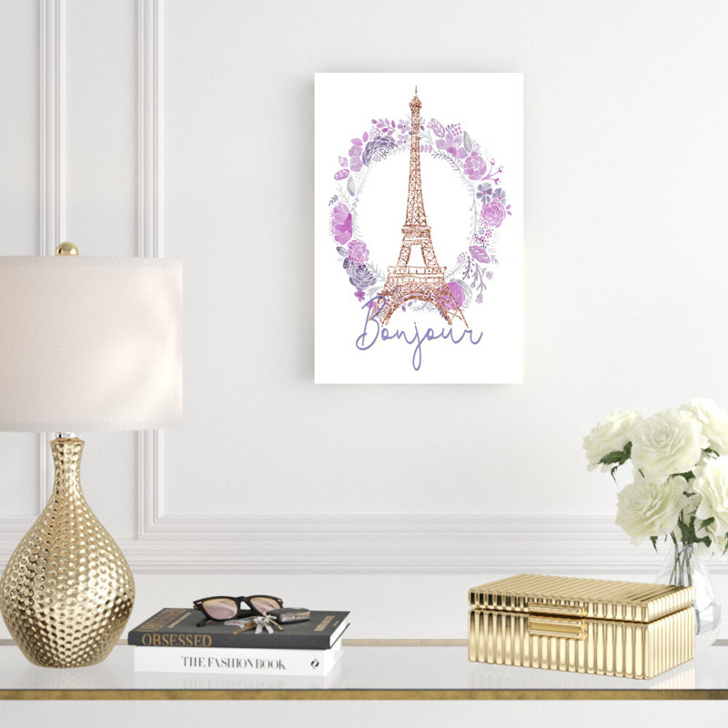 " Bonjour Floral Eiffel Tower " Painting Print, 18" H x 12" W
