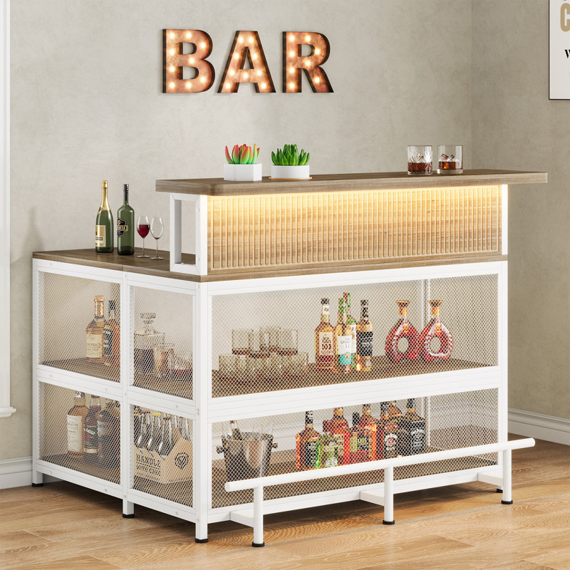L-Shaped Home Bar Unit With Stemware Racks And LED Light, Bar Table With Storage